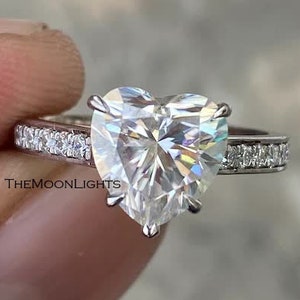 2.50CT Heart Cut Diamond Engagement Ring, Unique 5 Prong Ring, Heart Shaped Channel Set Ring, White Gold Plated Ring, Simulated Diamond Ring