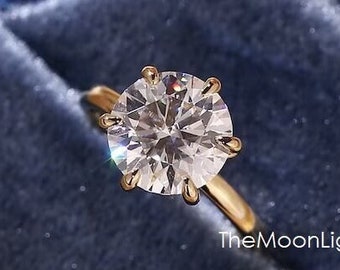 Mooie 3CT ronde diamanten solitaire ring, zilveren 6 prong ring, 14K geelgoud vergulde ring, belofte diamanten ring, zilveren verborgen halo ring