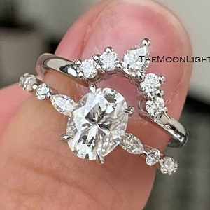 1.50CT Oval Cut Simulated Diamond CZ Silver Ring Set, Curve Engagement Ring Set, Solitaire Wedding Ring, Unique Curved Ring Enhance Set