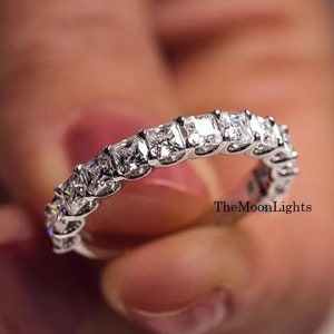 2.21CT Princess Simulated Diamond Band/3MM Princess Solitaire Half Eternity Band/Silver Wedding Band/Classic Stackable Engagement Gold Band