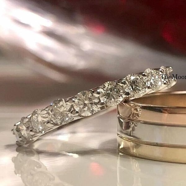 3MM Round Diamond U Prong Set Bague de fiançailles, 14K White Gold Plated Half Eternity Band, Round Diamond Wedding Band, 925 Silver Diamond Band