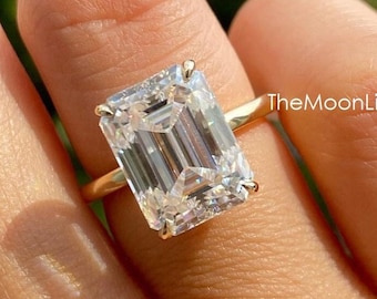 12x8MM Elongated Emerald Cut Diamond Ring, 5.25CT Big Cz Rings, Solitaire Engagement Ring, Claw Prong Rings, 14K Yellow Gold Plated Ring