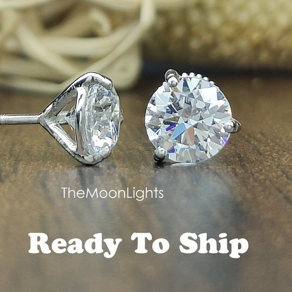 Ready To Ship - 2CT Round Cut Simulated Diamond Stud Earring/Solitaire Wedding Stud/Men's & Woman Diamond Stud Earring/Silver Classic Stud