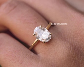 2CT Oval Simulated Diamond Ring: Sterling Silver Solitaire, 14K Gold Finish