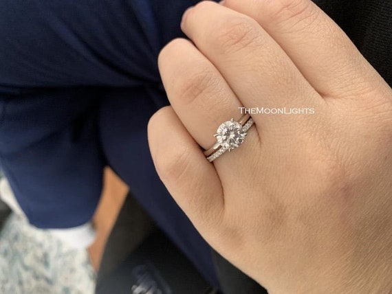 2.15CT Round Lab Diamond Ring Set 4 Prong Solitaire Silver Ring
