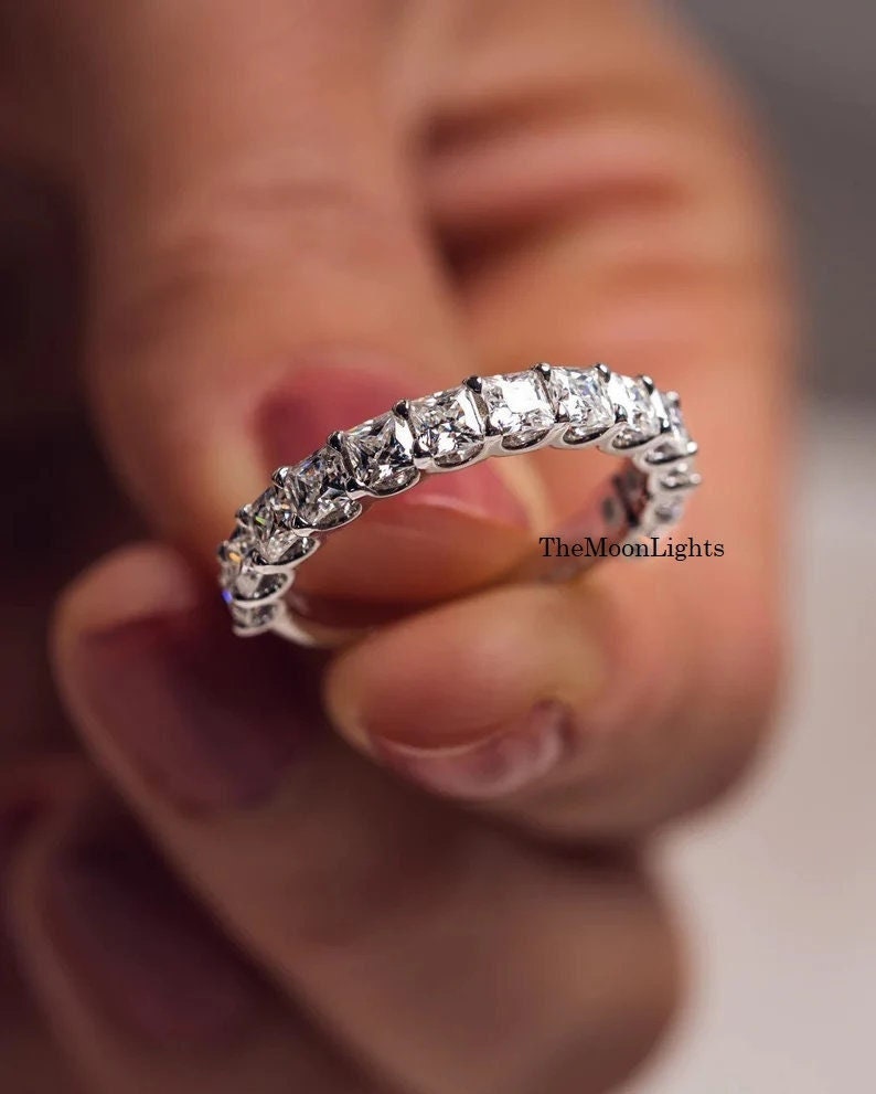 2.21CT Princess Simulated Diamond Band/3MM Princess Solitaire Half Eternity Band/Silver Wedding Band/Classic Stackable Engagement Gold Band