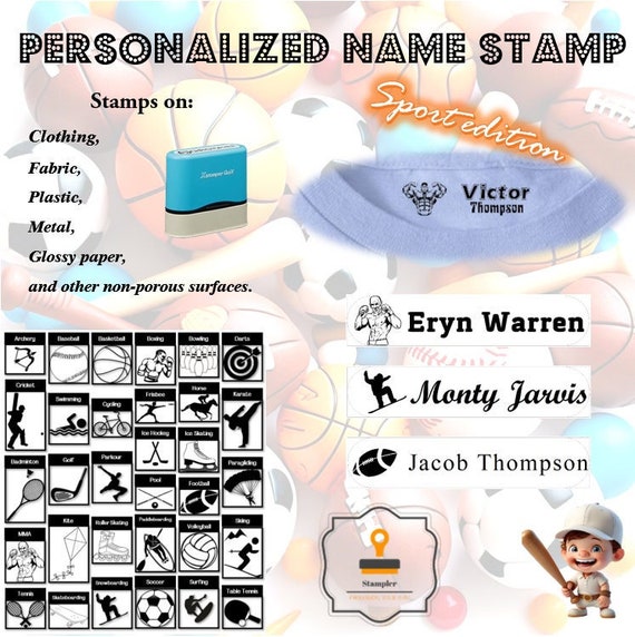 Custom fabric stamp, Name Stamp for Clothing, Personalized with Font Choices and Sports Symbols for Kids, Adults, Nursing Home Camp, School.