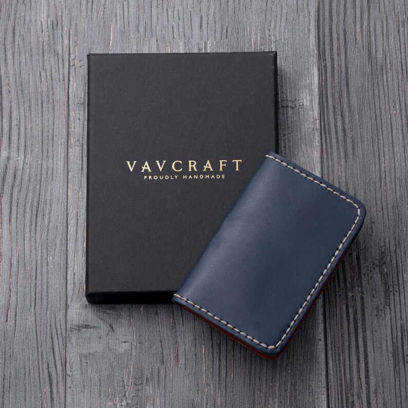 Cartera hecha a mano, Cartera de cuero azul, Cartera minimalista, Cartera para tarjetas, Cartera delgada, Cartera para hombre imagen 6