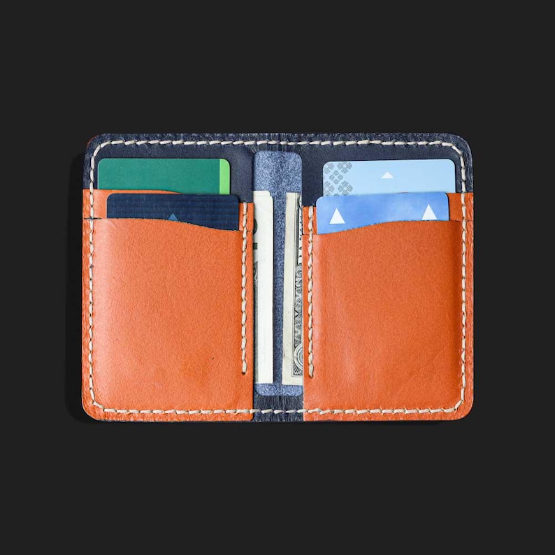 Cartera hecha a mano, Cartera de cuero azul, Cartera minimalista, Cartera para tarjetas, Cartera delgada, Cartera para hombre imagen 1