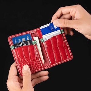Cartera de cocodrilo, Cartera hecha a mano, Cartera de lujo, Cartera de caimán, Cartera de diseñador, Monedero rojo cereza