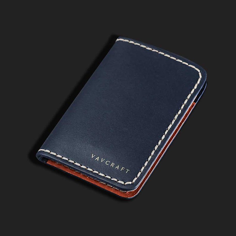 Cartera hecha a mano, Cartera de cuero azul, Cartera minimalista, Cartera para tarjetas, Cartera delgada, Cartera para hombre imagen 3