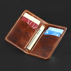 Cartera de cuero hecha a mano, con bloqueo RFID, vintage, clásica, plegable, para hombre.