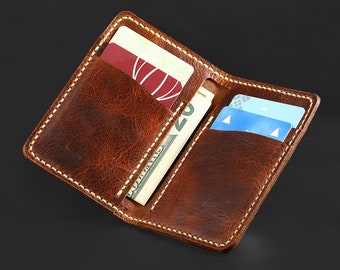 Cartera de cuero hecha a mano, con bloqueo RFID, vintage, clásica, plegable, para hombre.