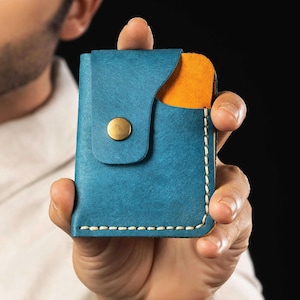 Cartera desplegable de cuero hecha a mano, regalo de San Valentín, cartera turquesa, cartera con cierre a presión, tarjetero, monedero de cuero, cartera para hombre