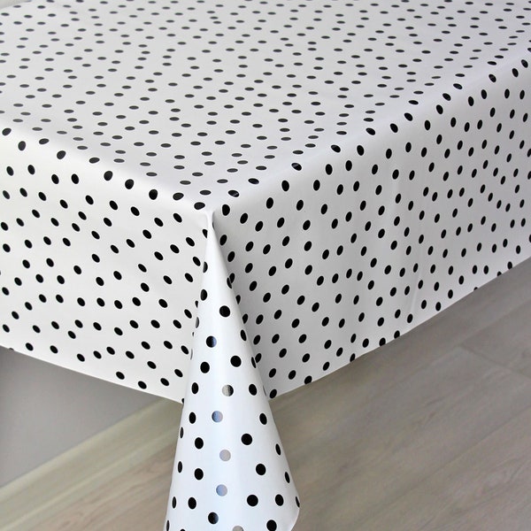 Black and White Polka Dot Tablecloth, Custom Resizable Tablecloth, Lined PVC Oilcloth, Wipeable Plastic Tablecloth Mother's Day Gift