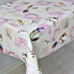 Coffee Cup Pattern Oilcloth, PVC Cover With Pink Detail Macaron Pattern, Rectangle Tablecloth, Washable Square Oilcloth, House Warming Gift