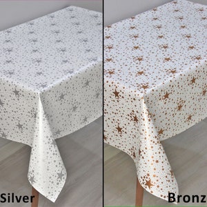 Silver Star PVC Table Cover, Wiped Clean Star Printed Oilcloth, Glossy Printed Vinyl Dining, Stars in Your Table, Gift For Friends