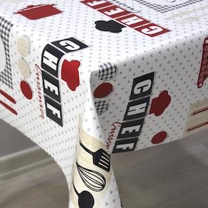 Kitchen Tools Themed Tablecloth, Custom Resizable Tablecloth, Printed Lined PVC Tablecloth With Chef Hat Pattern, Gift For Chefs