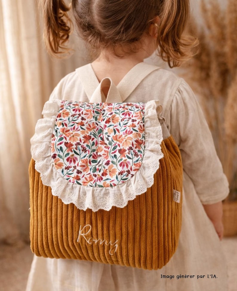 Puede incluir: Una mochila de pana color amarillo mostaza con una solapa redondeada que presenta un estampado floral colorido y un borde de encaje blanco. El nombre Romy est&aacute; bordado en blanco en la parte frontal, con correas de tela a juego incluidas.