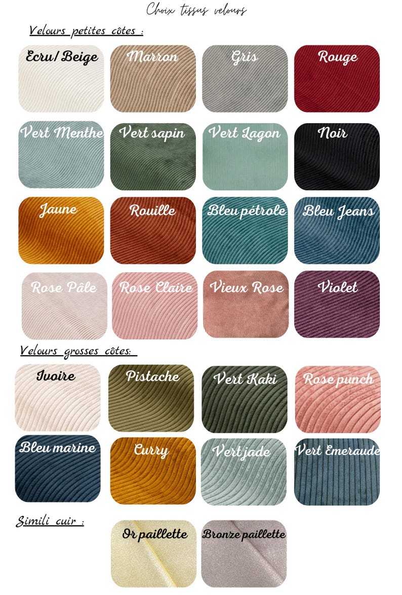 Puede incluir: Una carta de colores que muestra varias muestras de tela etiquetadas en franc&eacute;s, incluyendo pana de canal fino en tonos como beige, marr&oacute;n, gris, rojo, menta, verde bosque, azul verdoso, negro, amarillo, &oacute;xido, petr&oacute;leo, mezclilla, rosa y violeta, adem&aacute;s de canal ancho y piel sint&eacute;tica.