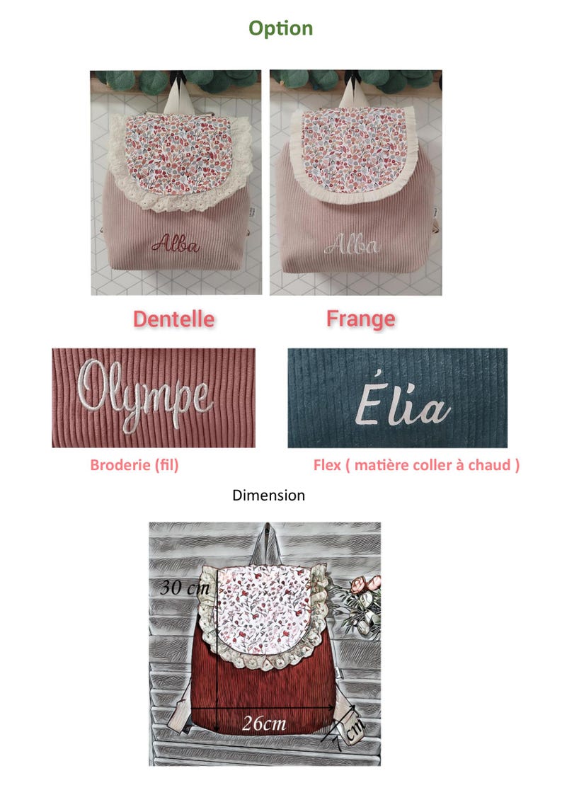 Puede incluir: Una mochila de pana rosa empolvado con solapa floral y borde de encaje, personalizada con nombres bordados como Alba, Olympe o &Eacute;lia. La mochila mide 30 cm de alto, 26 cm de ancho y 7 cm de profundidad, con opciones de bordado o vinilo textil t&eacute;rmico.