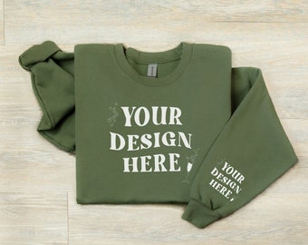 Military Green Gildan 18000 Flat-lay Mockup, Simple Mockup, G180 Sleeve Mockup, Product Display, Sweatshirt Mockup, Green Sweatshirt Display