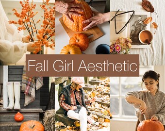 Op de afbeelding: Een collage van afbeeldingen met een herfstthema. De afbeeldingen bevatten pompoenen, herfstbladeren, een vrouw die een geruit overhemd en een witte broek draagt, en een vrouw die een pompoen uitholt. De tekst "Fall Girl Aesthetic" wordt in het midden van de collage weergegeven.