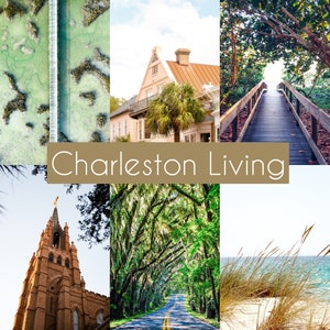 May include: A collage of images showcasing Charleston living. The top left image shows a view of a waterway with green marsh grasses. The top right image shows a historic home with a lush green lawn. The bottom left image shows a church with a tall steeple. The bottom right image shows a beach with sand dunes and seagrass. The center image shows a road lined with trees with Spanish moss hanging from the branches. The text "Charleston Living" is displayed in the center of the image.