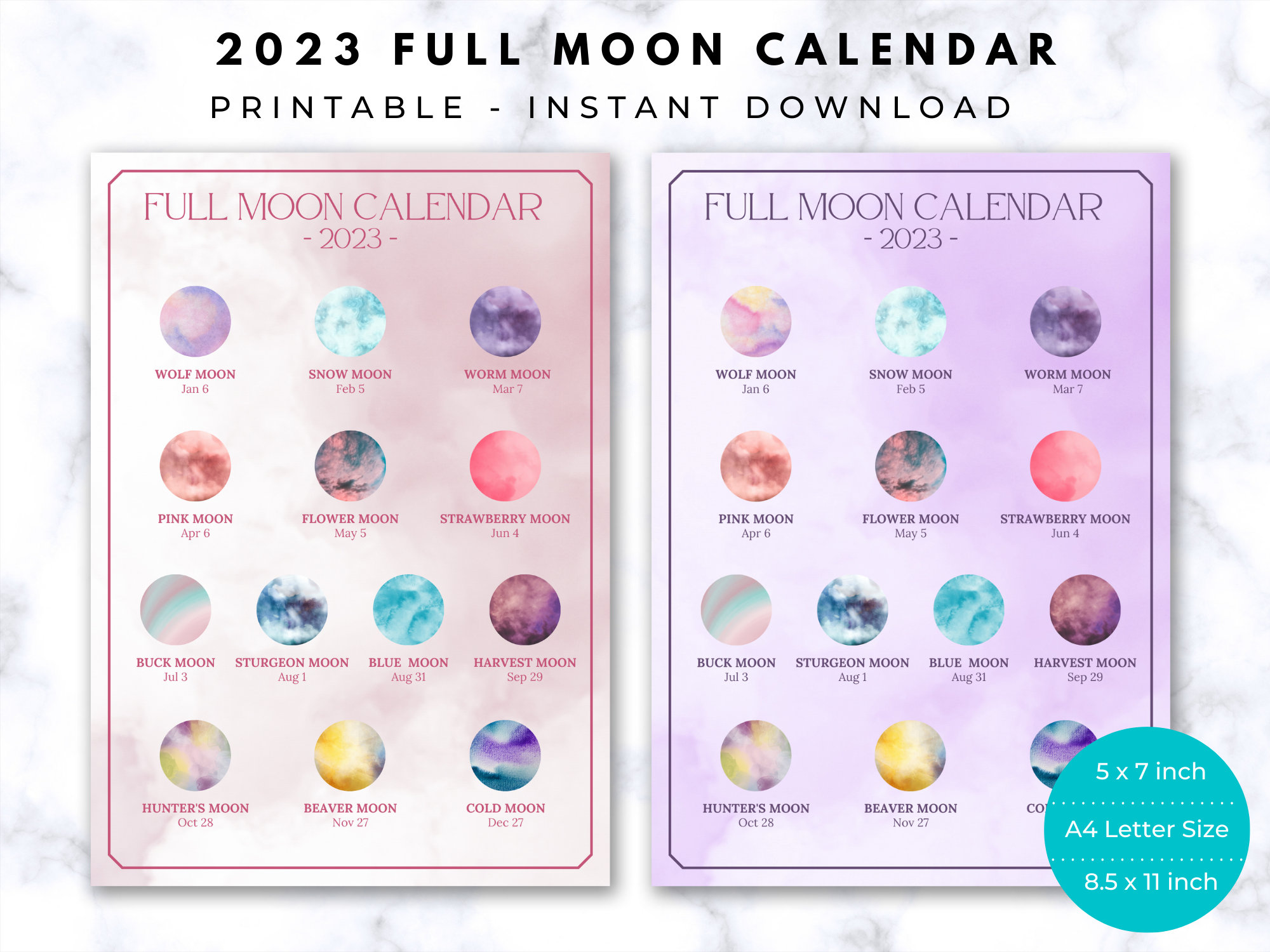 2023 Full Moon Calendar Lunar Moon Phase Calendar (Instant Download) Etsy