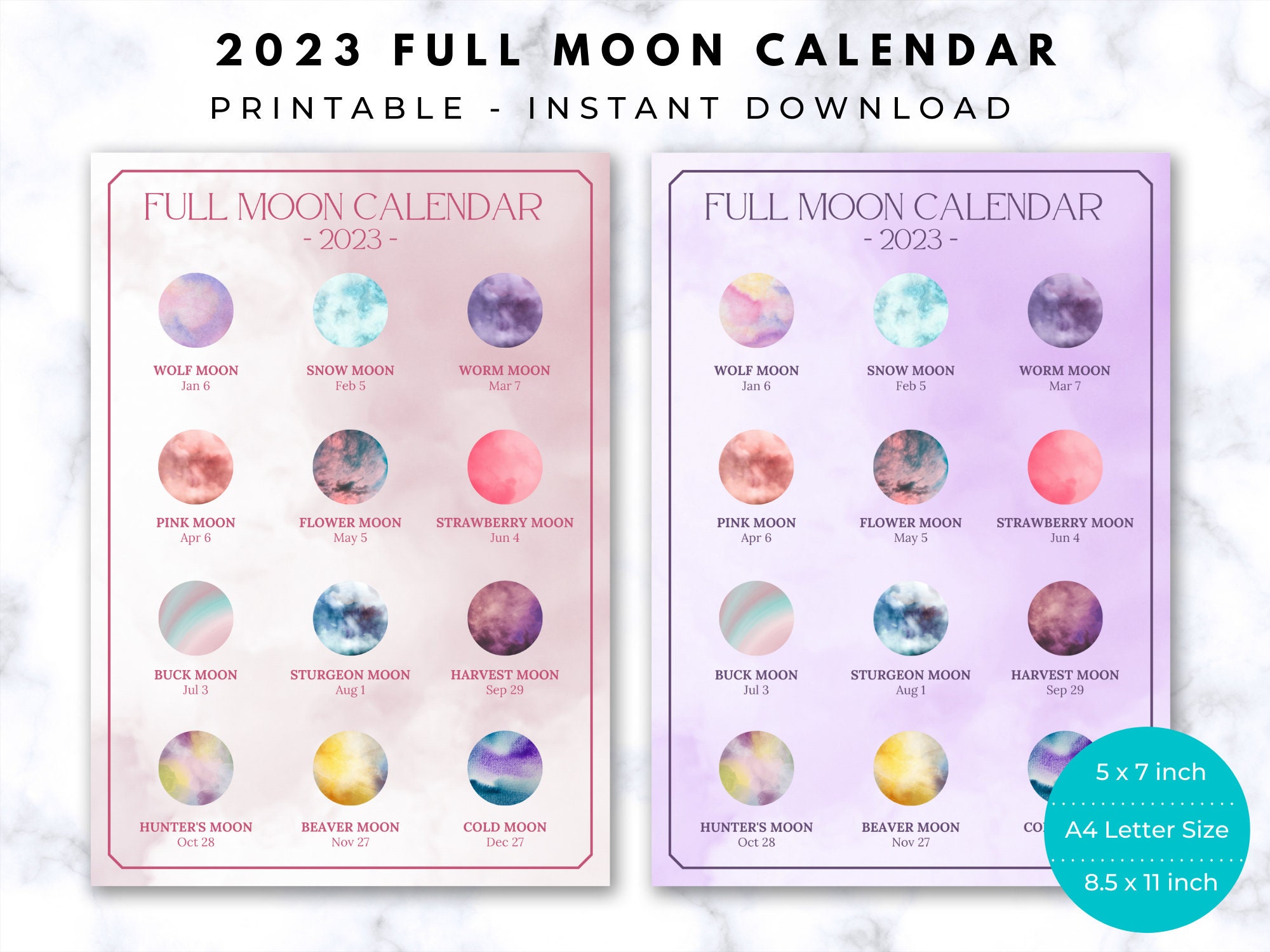2023 Full Moon Calendar Lunar Moon Phase Calendar Instant Etsy UK