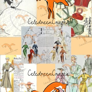 Modes & Travaux 1952, Lot 1, 5 pages en couleurs, à imprimer ! Vintage French Mode Magazine.
