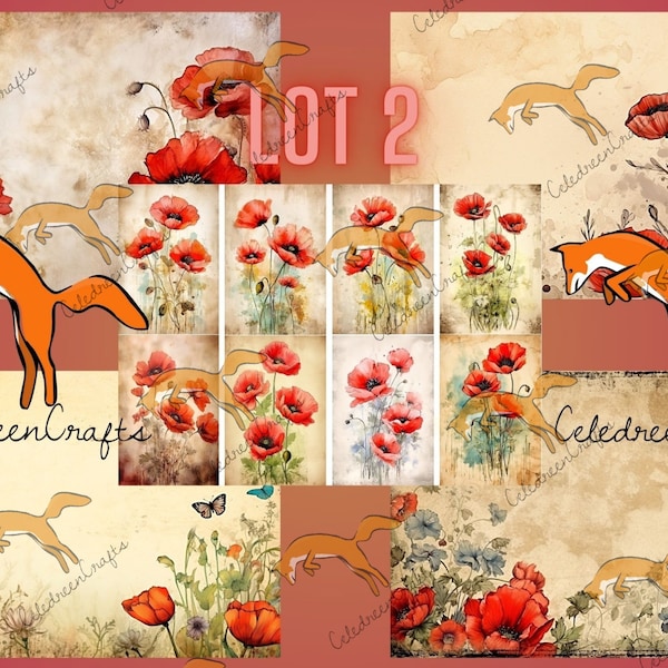 Kit de Papiers "Coquelicots" , Lot 2, 5 pages en JPG. Imprimez, bricolez, créez !