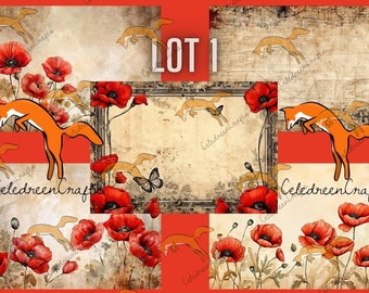"Poppies" Paper Kit, Lot 1, 5 pages in JPG. Print, craft, create!