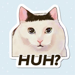 Handmade Glossy Vinyl Sticker - Huh cat meme - Waterproof - for water bottles, laptops, and more