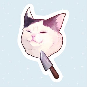 Handmade Glossy Vinyl Sticker - Knife meme cat - Waterproof - for water bottles, laptops, and more