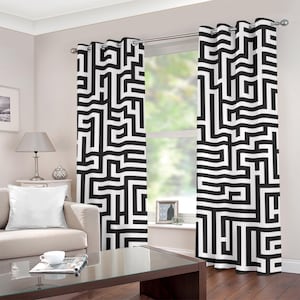 Double panel window curtains | Black and white grommet curtains | Various width and length | Living room bedroom study nursery