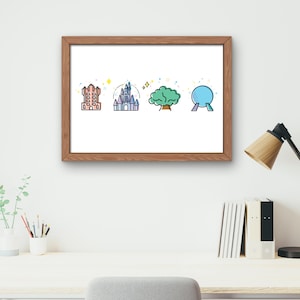 Numérique minimaliste des parcs Disney | Château, Arbre de vie, Tour de la Terreur et Epcot | Art mural à téléchargement immédiat | 4 parcs