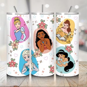 Disney Skinny Tumbler, 20oz Tumbler, Disney Princess Tumbler, Skinny Tumbler Cup with Straw & Lid, Disney Tumbler, Belle, Elsa, Moana