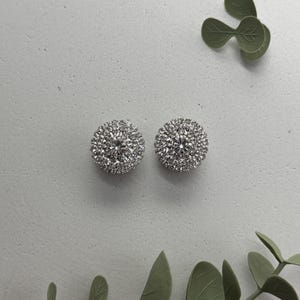 Op de afbeelding: Twee zilverkleurige, ronde oorstekers. Elke oorbel heeft een centrale, heldere kristal omringd door kleinere, sprankelende kristallen. De oorbellen zijn geplaatst tegen een lichtgrijze achtergrond, met groene bladaccenten.