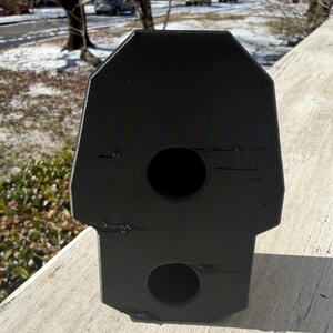 May include: A black, geometric birdhouse with two circular openings. The birdhouse is made of wood and has a textured surface. The background shows a snowy landscape and trees.