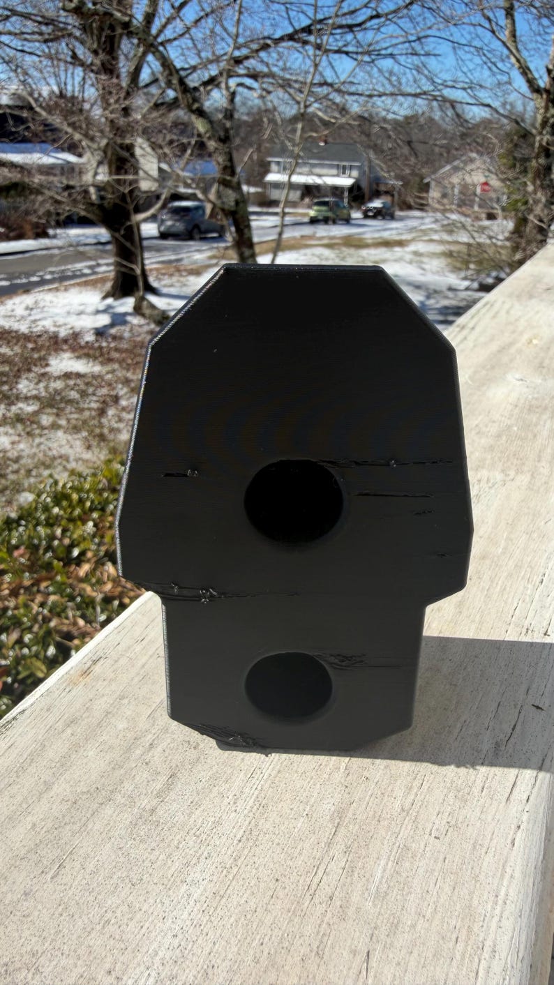 May include: A black, geometric birdhouse with two circular openings. The birdhouse is made of wood and has a textured surface. The background shows a snowy landscape and trees.