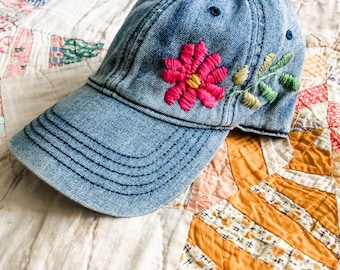 Floral Embroidered Cap - Denim Embroidered Hat - Pink Florals - One Size