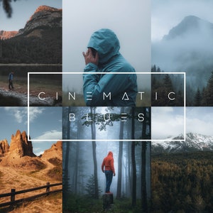 10 シネマティック ブルース Lightroom モバイルおよびデスクトップ プリセット、旅行プリセット、ブルー プリセット、ネイチャー プリセット、シネマティック プリセット、ブロガー プリセット