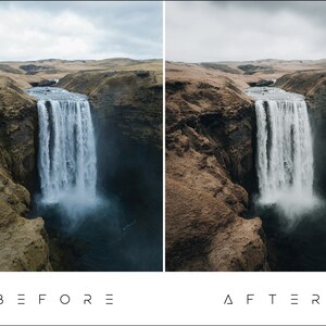 May include: A dramatic aerial view of a waterfall cascading over a rocky cliff. The water is white and foamy, and the surrounding landscape is a mix of brown and green. The sky is overcast and gray.