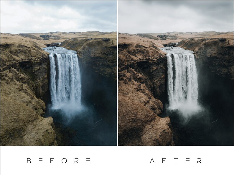 May include: A dramatic aerial view of a waterfall cascading over a rocky cliff. The water is white and foamy, and the surrounding landscape is a mix of brown and green. The sky is overcast and gray.