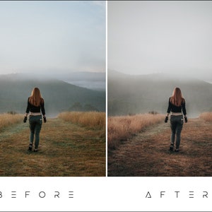 May include: A person walks down a path in a foggy landscape. The path is lined with tall grass and the person is wearing a black shirt and jeans.