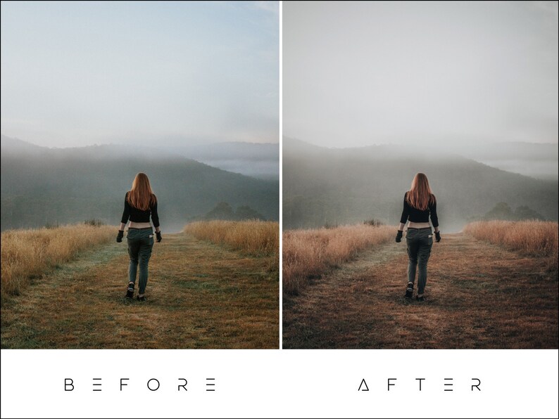 May include: A person walks down a path in a foggy landscape. The path is lined with tall grass and the person is wearing a black shirt and jeans.
