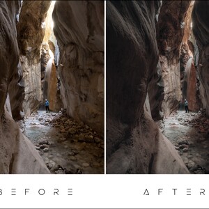 May include: A person standing in a narrow canyon with a stream running through it. The canyon walls are made of rock and the light is coming from above, creating a dramatic effect.