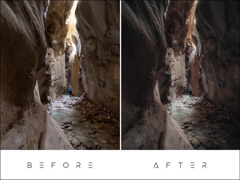 May include: A person standing in a narrow canyon with a stream running through it. The canyon walls are made of rock and the light is coming from above, creating a dramatic effect.