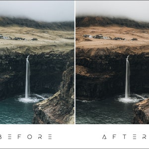 May include: A before and after image showing the difference in color grading. The before image shows a waterfall cascading down a cliff face with a foggy mountain in the background. The after image shows the same scene with a warmer color palette.